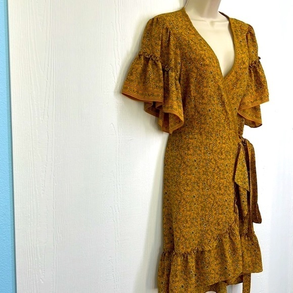 Max Studio - Yellow Ruffled White Floral Mid Short Sleeve Dress Size Medium - Picture 4 of 13